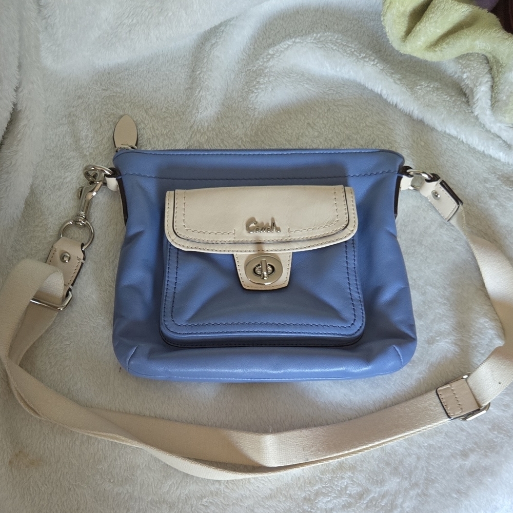 Coach Blue and Cream Crossbody Bag Purse with Adjustable Strap.